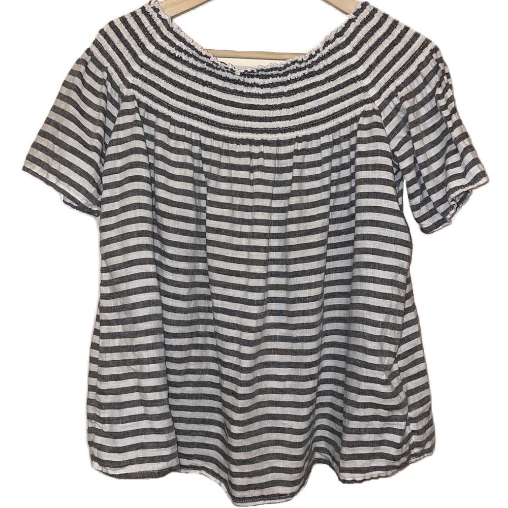 C&C California Linen Seersucker Striped Off the Shoulder Blouse babydoll